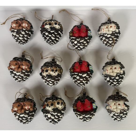 12 Animal Pinecone Christmas Ornaments Birds Bunnies Mice Raccoon Woodland - Picture 1 of 13
